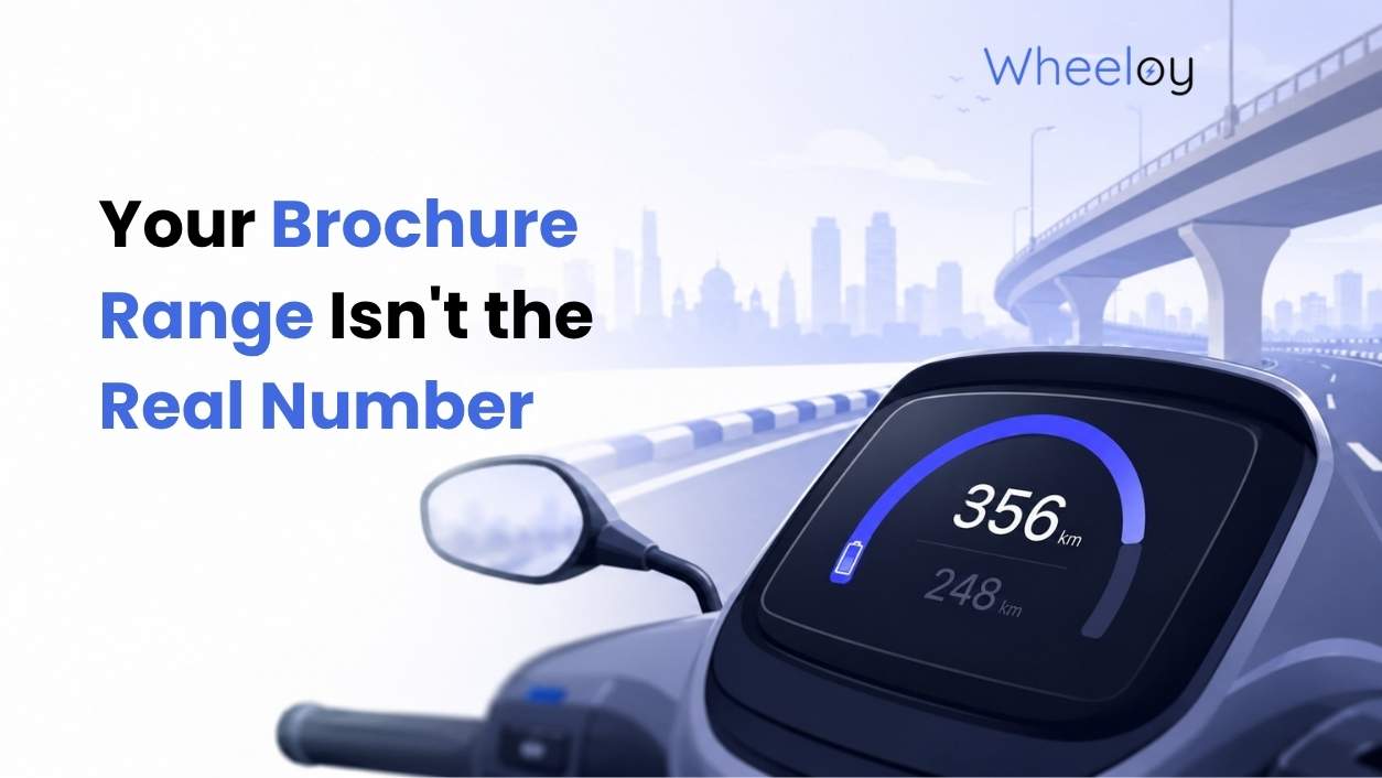 EV real world range versus brochure range comparison shown on a scooter dashboard.
